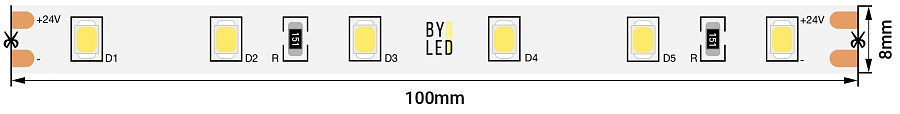 Светодиодная лента Byled PRO+ SMD2835, 60 LED/m, 4.8W/m, 24V , IP20, Цвет: Нейтральный белый