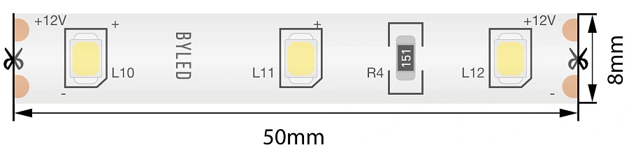 Лента светодиодная Byled Standart 2835, 60 LED/м, 4.8 Вт/м, 12В , IP20, IP65, Цвет: Теплый белый