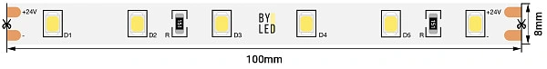 Светодиодная лента Byled PRO+ SMD2835, 60 LED/m, 4.8W/m, 24V , IP20, Цвет: Теплый белый