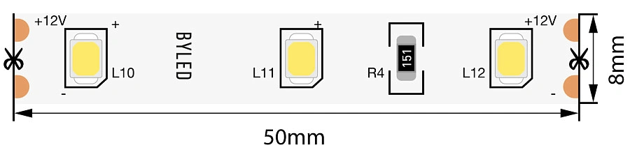 Лента светодиодная Byled Standart 2835, 60 LED/м, 4.8 Вт/м, 12В , IP20, Цвет: Теплый белый