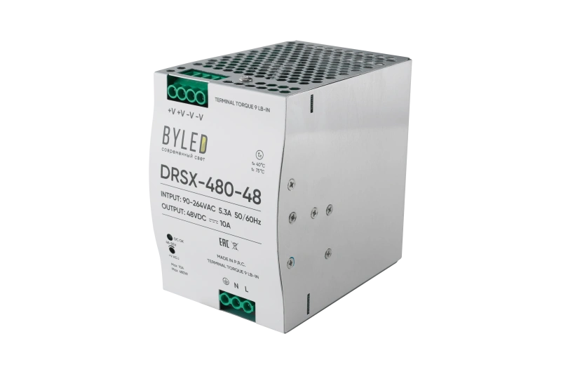 Блок питания Byled DRSX-480-48 (480W, 48V, 10A, 60мес.) Блок питания Byled DRSX-480-48 (480W, 48V, 10A, 60мес.)