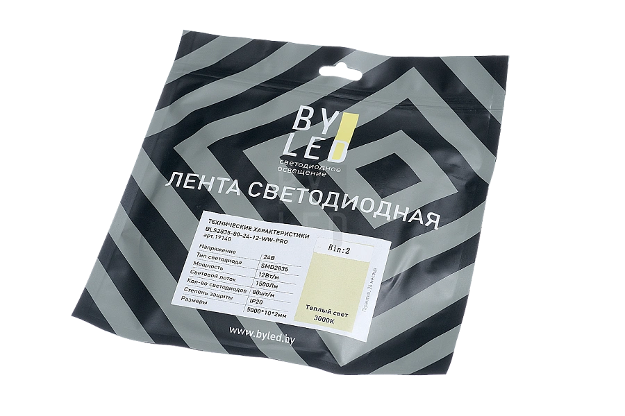 Лента светодиодная Byled PRO 2835, 80 LED/м, 12 Вт/м, 24В , IP20, Цвет: Теплый белый