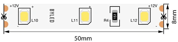 Лента светодиодная Byled Standart 2835, 60 LED/м, 4.8 Вт/м, 12В , IP20, Цвет: Теплый белый