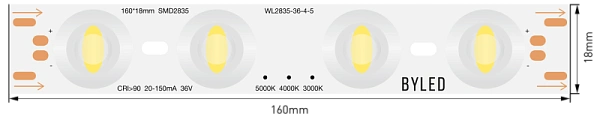 Светодиодная линейка Byled LUX серия WL SMD2835, 4LED, 0.7-5.4W, 36V, 20-150mA, IP20, CRI>90, 60мес., Цвет: Нейтральный белый 4000K