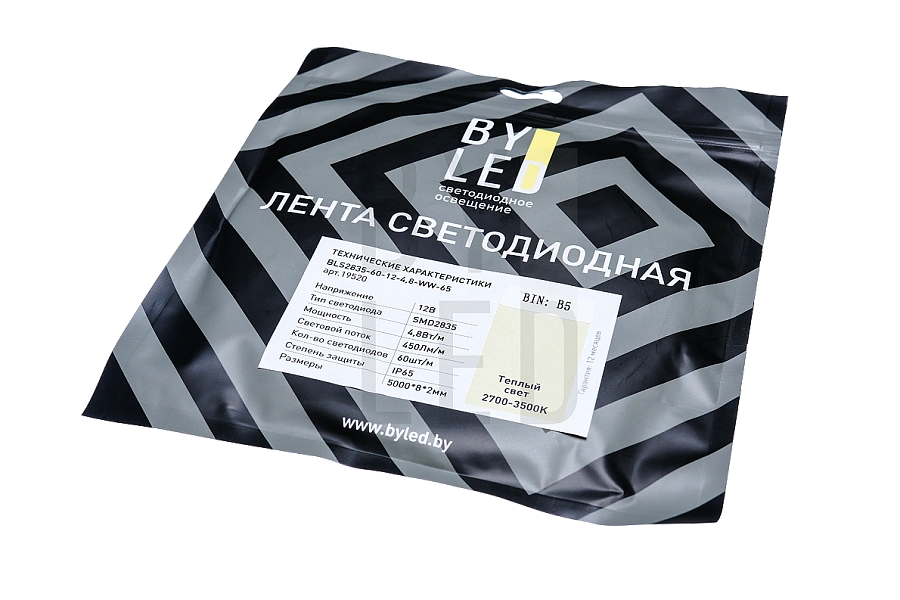 Лента светодиодная Byled Standart 2835, 60 LED/м, 4.8 Вт/м, 12В , IP65, Цвет: Теплый белый