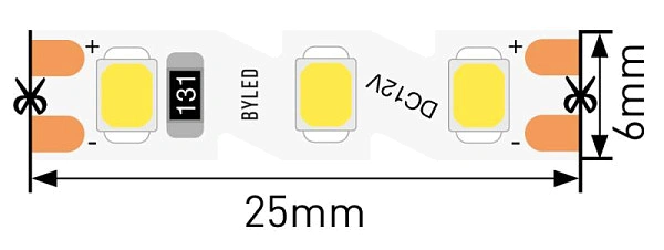 Лента светодиодная Byled Standart S-обр. 2835, 120 LED/м, 7 Вт/м, 12В , IP20, Цвет: Теплый белый 3000K