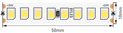 Лента светодиодная Byled PRO+ SMD2835, 160 LED/м, 19.2 Вт/м, 24В , IP20, Цвет: Теплый белый
