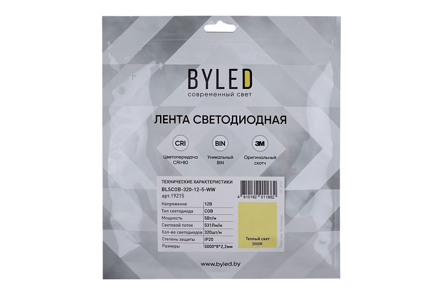 Светодиодная лента Byled Standart COB CSP Led, 320 LED/m, 5W/m, 12V , IP20, 24мес., Цвет: Теплый белый 3000K