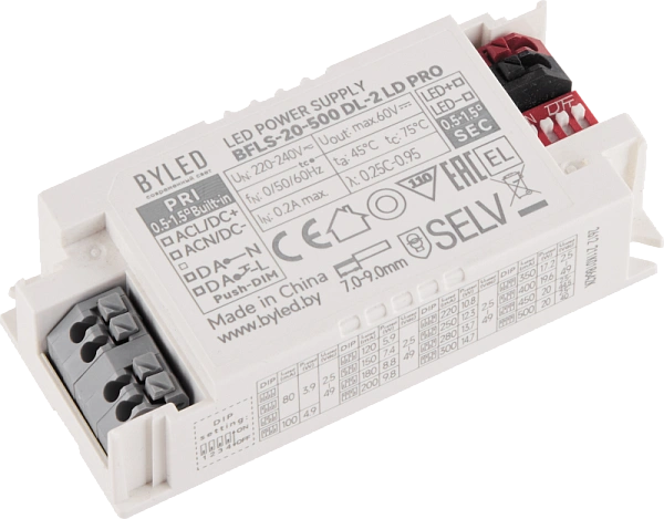 Блок питания Byled серия BFLS DALI-2 (20W, 0.08-0.5A, 2.5-49V, IP20, PF>0.95, 60мес.)