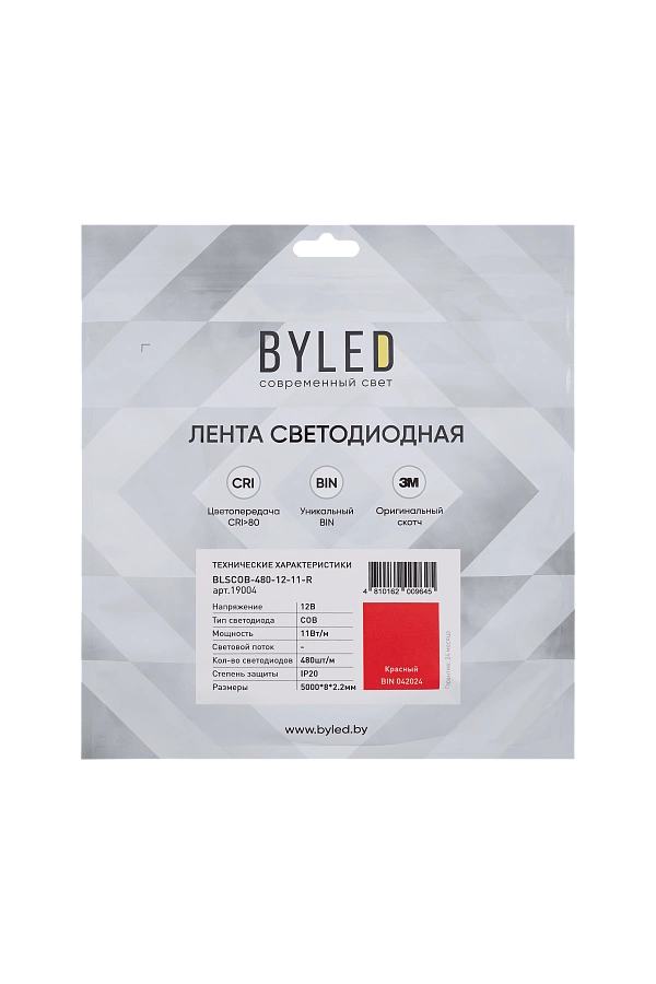 Светодиодная лента Byled Standart COB CSP Led, 480 LED/m, 11W/m, 12V , IP20, Цвет: Красный