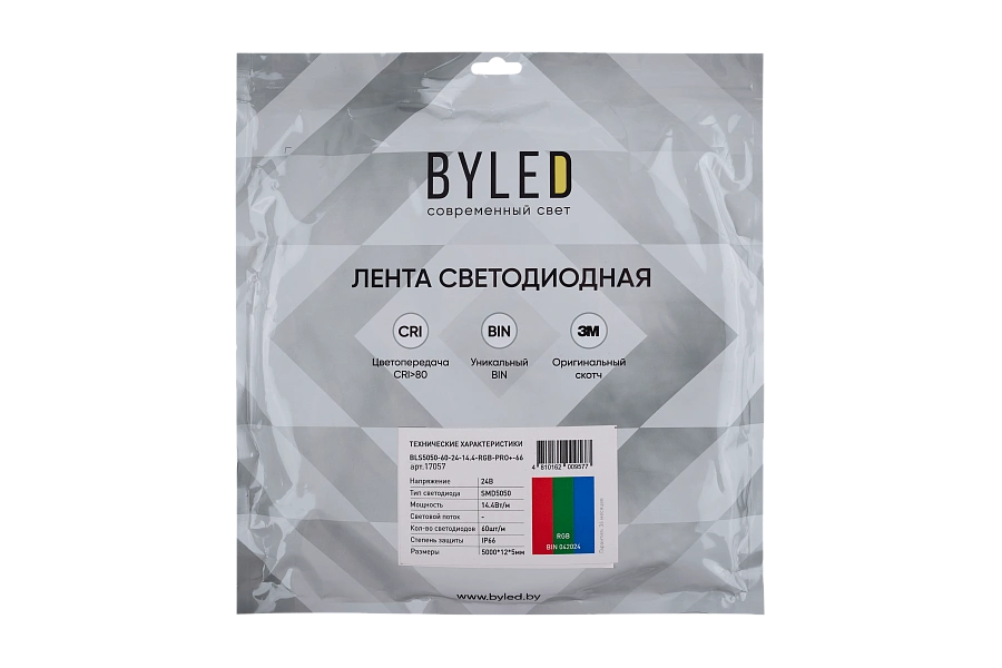 Лента светодиодная Byled PRO+ SMD5050, 60 LED/м, 14.4 Вт/м, 24В , IP66, Цвет: RGB